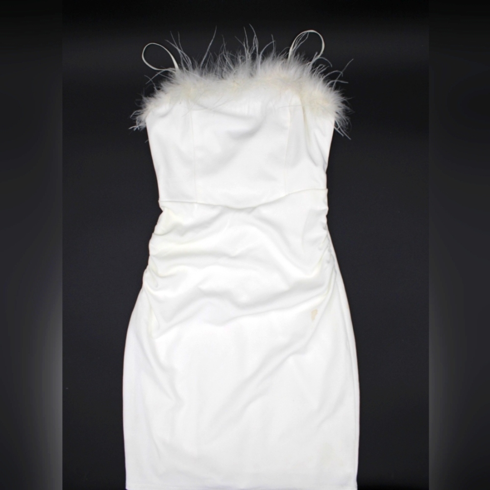 Emerald Sundae White Feather Trim Bodycon Dress – Size Small